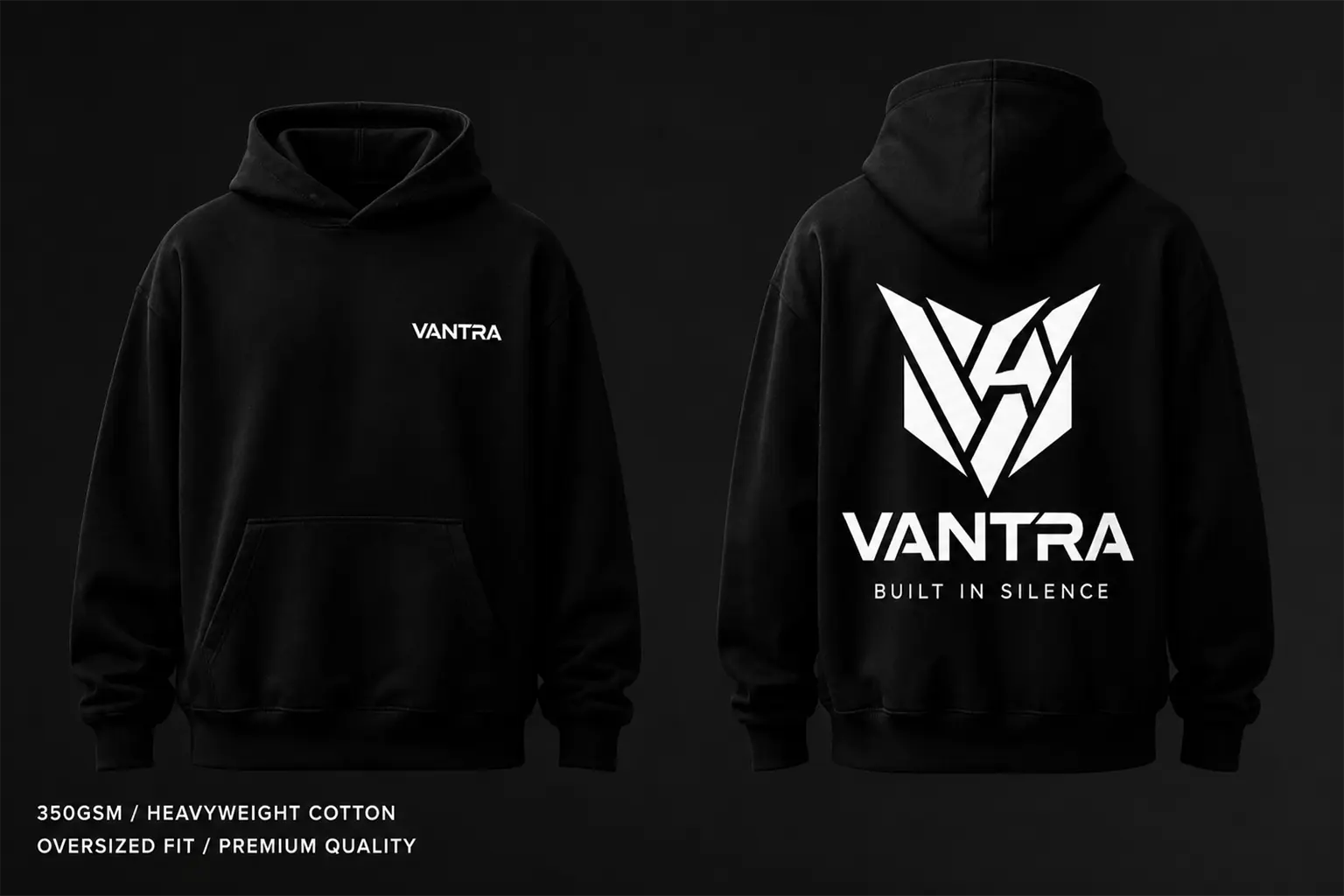 Hoodie oversized noir VANTRA avec impressions blanches, vues de face et de dos sur fond sombre.
