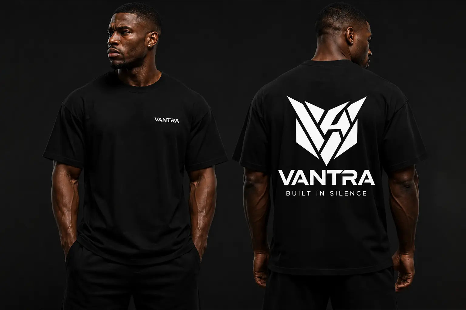 Mannequin portant le t-shirt noir oversize VANTRA modèle Shadow Club, double vue montrant le col logoté à l'avant et le grand logo géométrique blanc au dos avec l'inscription BUILT IN SILENCE.
