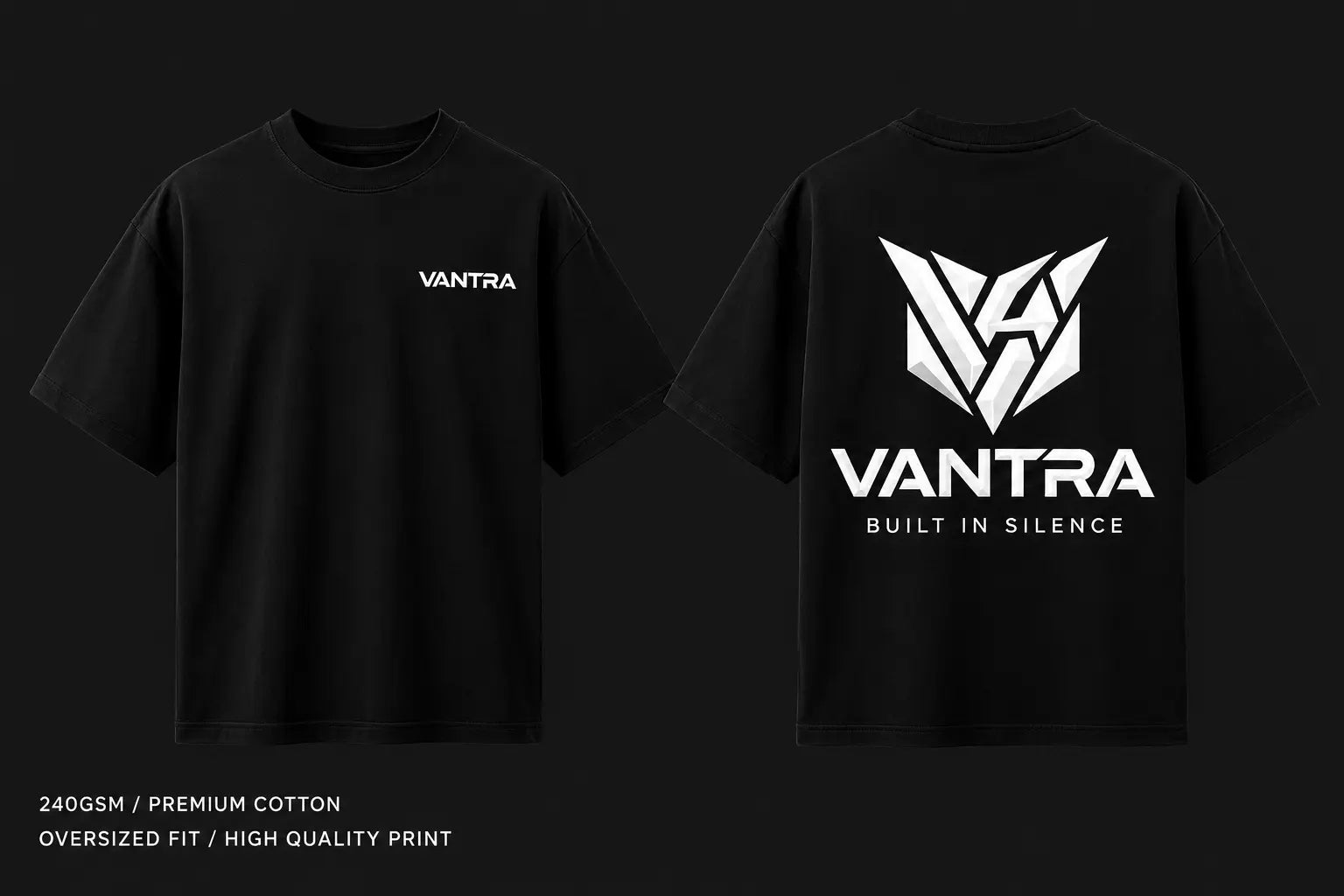 T-shirt coupe ample noir VANTRA Shadow Club avec écritures blanches fines sérigraphiées sur le col et les manches, présentation face et dos.