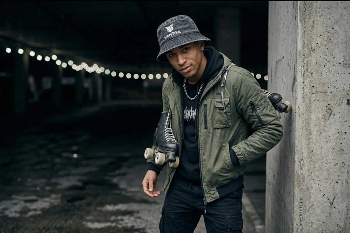 Chapeau bob vintage noir délavé avec logo de la marque VANTRA.