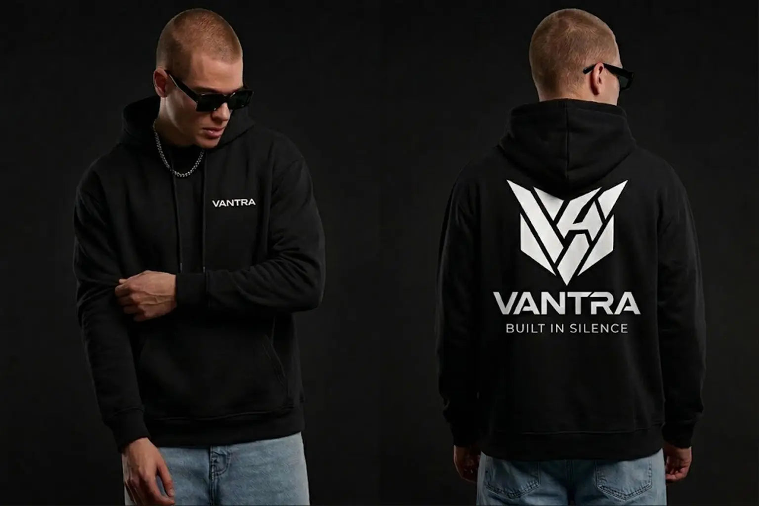 Mannequin portant le hoodie noir VANTRA en coupe oversize, présentation du design avant épuré et du grand logo graphique blanc à l'arrière.