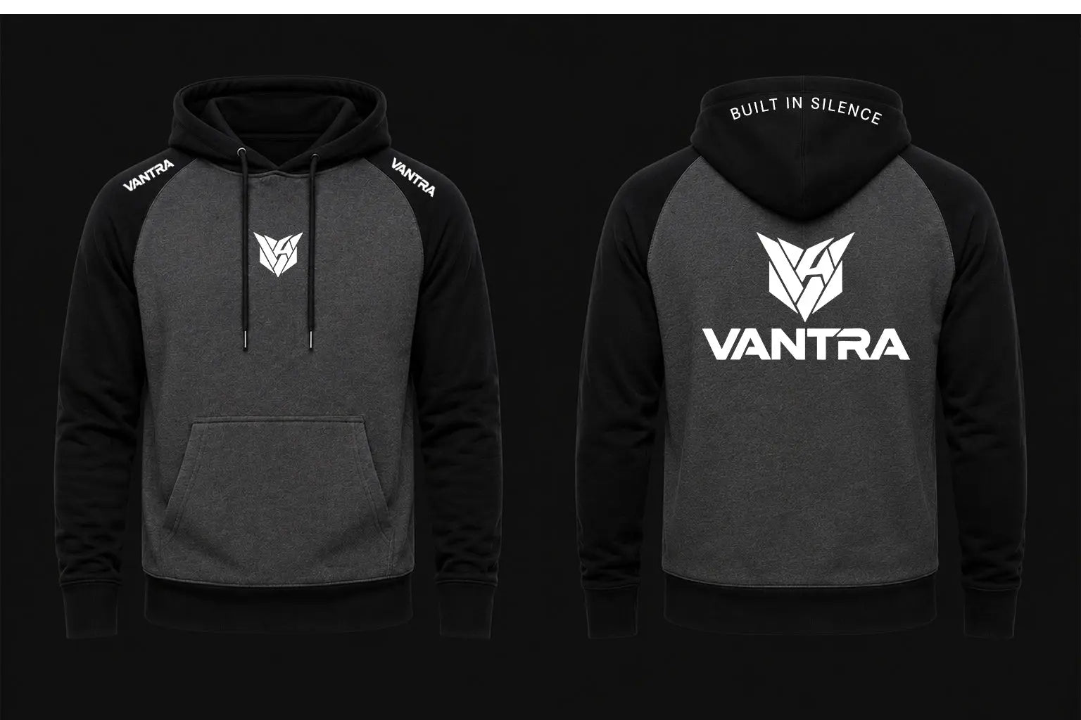 Présentation face et dos d'un sweat à capuche bicolore VANTRA, corps gris foncé chiné, capuche et manches raglan noires avec finitions et cordons noirs.