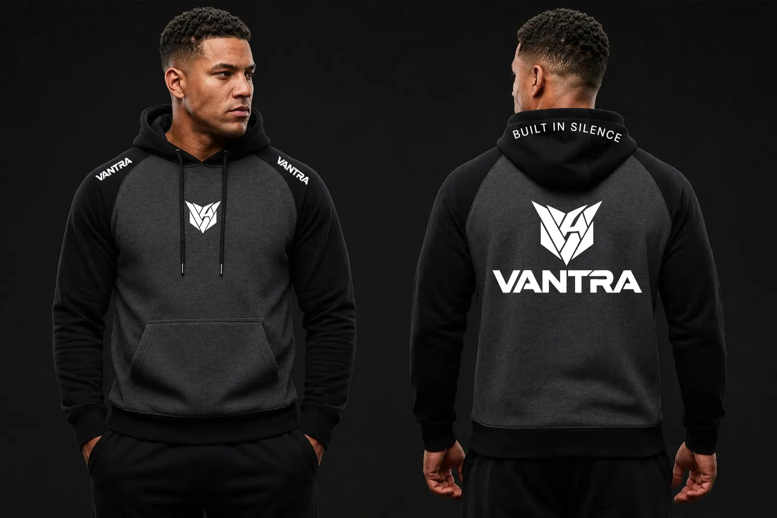 Sweat à capuche bicolore noir et gris VANTRA à manches raglan, mettant en avant le logo de poitrine, les écritures d'épaules et le grand visuel blanc au dos.